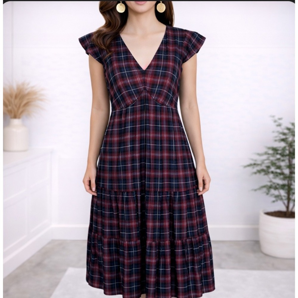 The Nines by Hatch Maternity Dress XS Purple Plaid Tiered Flutter Sleeve Cottage